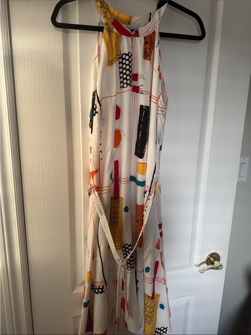 SPANNER White Midi Halter Dress with Multicolor Abstract Motif